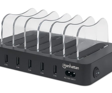 USB punjač 6-port Manhattan 102254 5V/2.4V/50W/držač za telefon Crni