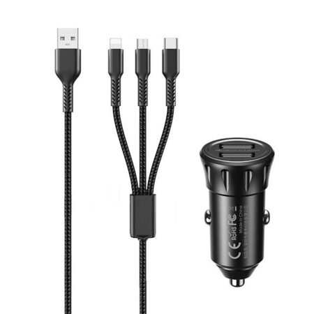 Auto punjač 2.4A 2xUSB+ kabl 3 u 1 RCC236, crni
