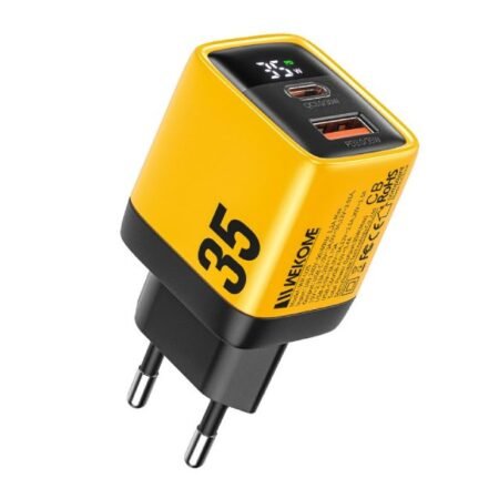 WP-U25 Super brzi Strujni GaN Punjač, 2-porta USB (3.0 i 3.1 Tip-C) 35W, sa displejom, žuti