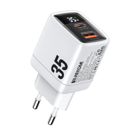 WP-U25 Super brzi Strujni GaN Punjač, 2-porta USB (3.0 i 3.1 Tip-C) 35W, sa displejom, beli