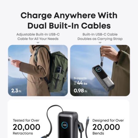 25000mAh, 165W, sa ugrađenim USB-C kablom na izvlačenje, Power Bank za laptop srebrni