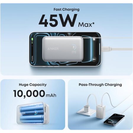 Nano 10000mAh, 45W, sa ugrađenim USB-C kablom na izvlačenje, Power Bank beli