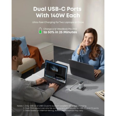 140W GaN zidni brzi punjač, 4-porta (3x USB-C i 1x USB-A) sa USB-C M/M pletenim kablom, srebrni