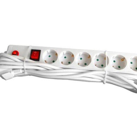 Kabl naponski produžni 6 x šuko 5m sa prekidacem i zaštitom (beli)