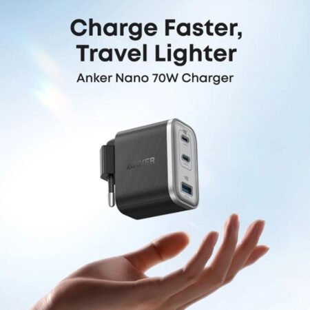 Nano 70W GaN zidni brzi punjač, 3-porta (2x USB-C i 1x USB-A) crni