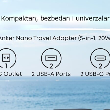 Nano 20W putni zidni punjač 5-portova (2x USB-A, 2x USB-C, utičnica EU na US, UK, AU i EU), crni