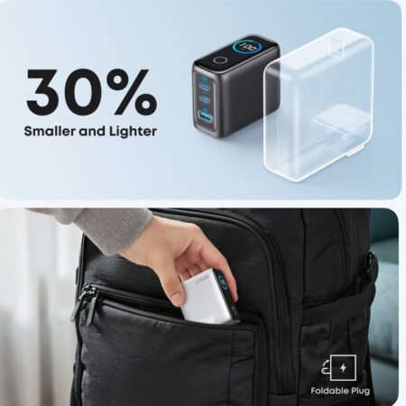 100W GaN zidni brzi punjač, 3-porta (2x USB-C i 1x USB-A) sa USB-C M/M pletenim kablom, tamno sivi