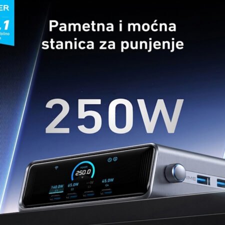 Prime 250W GaN stoni brzi punjač, 6-portova (4x USB-C, 2x USB-A) srebrni