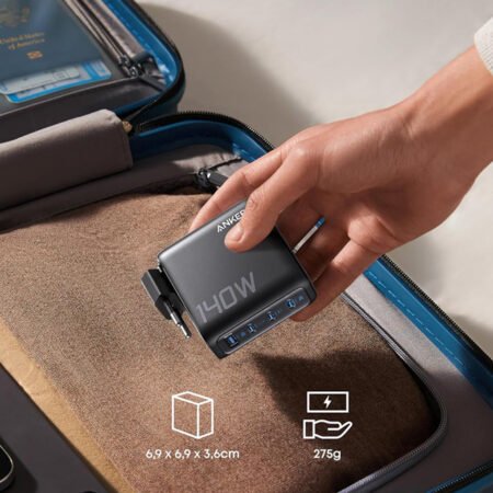 140W GaN zidni brzi punjač, 4-porta (3x USB-C, 1x USB-A) sa USB-C M/M pletenim kablom, tamno sivi
