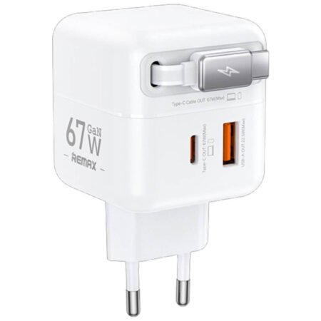 Strujni Fast teleskopski punjac Dolly GAN (1x USB Tip-A 3.0 +1x USB Tip-C) 67W, sa integrisanim USB Tip-C kablom 0.5m, beli