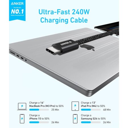 Zolo USB tip-C kabl M/M 1m, za Apple, super brzo punjenje 240W/480Mbps, pleteni, crni