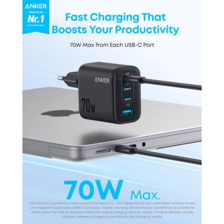 Zolo 70W 4-porta(3x USB-C i 1x USB-A) zidni punjač crni
