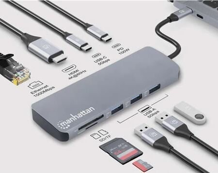 Manhattan USB-C PD 9-in-1 HDMI 4K Dock. Stat./Multiport Hub