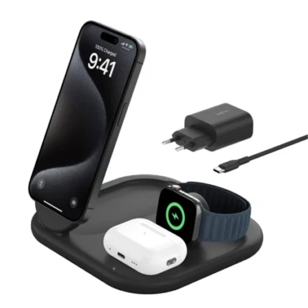 Belkin BOOST CHARGE Qi2 3-in-1 Wireless Charging Station 15W, Black